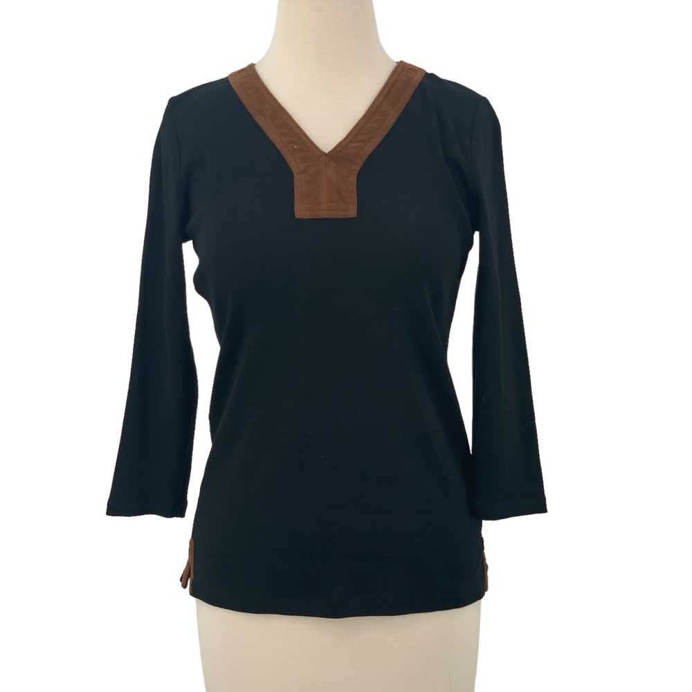 Lauren Ralph Lauren Petite V-Neck Pullover 3/4 Sleeve Top Black/Brown Suede PXS